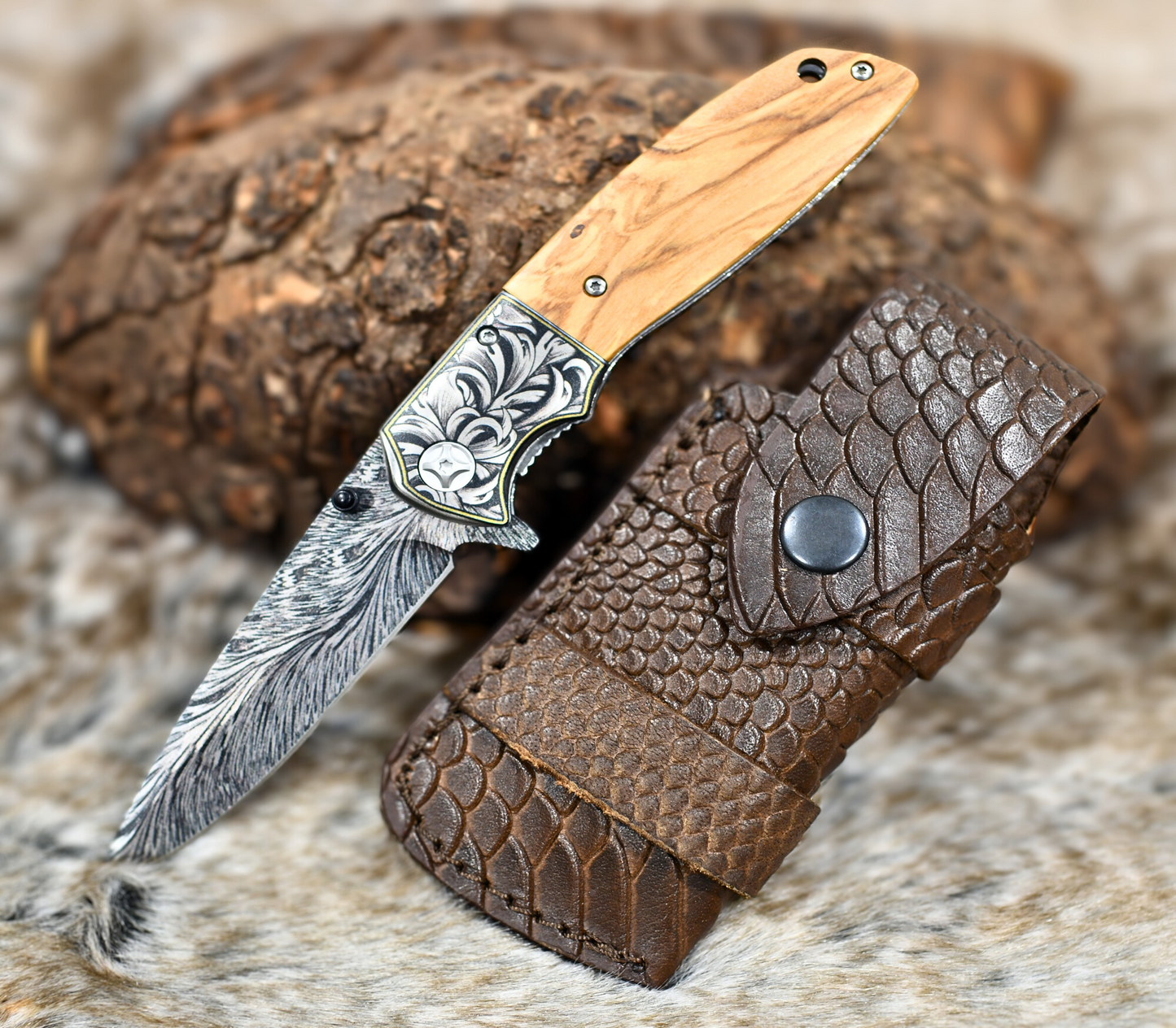 Vertex Damascus Pattern Pocket Knife with Exotic Olive Wood Handle