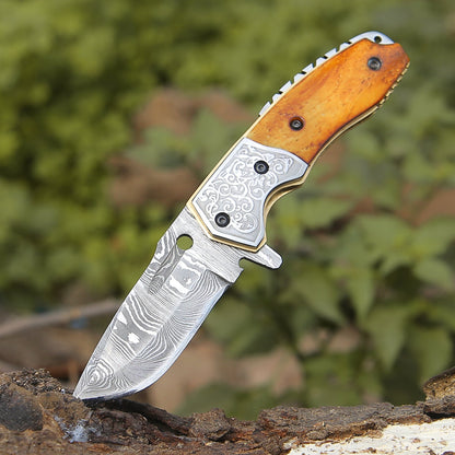 Reckoner Damascus Pocket Knife with Charred Bone Handle