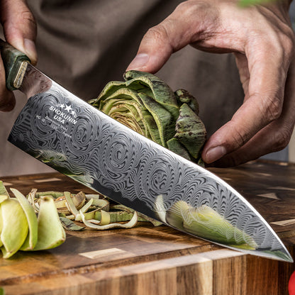 Deuce Custom Japanese Chef Knife with Exotic Maple Burl Wood Handle