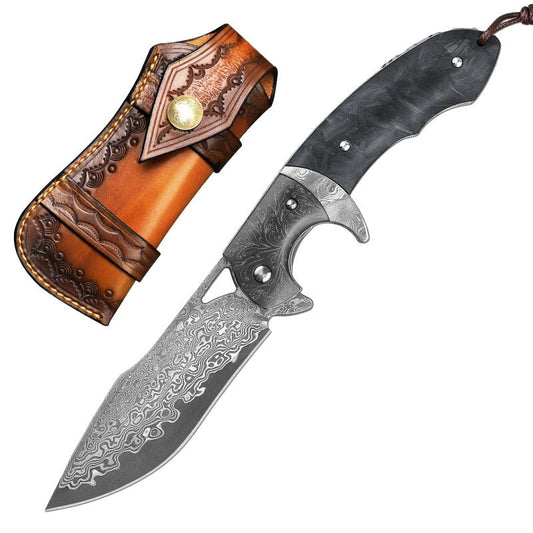 Hermes Damascus Steel Folding Pocket Knife with Carbon Fiber Handle