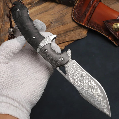 Hermes Damascus Steel Folding Pocket Knife with Carbon Fiber Handle