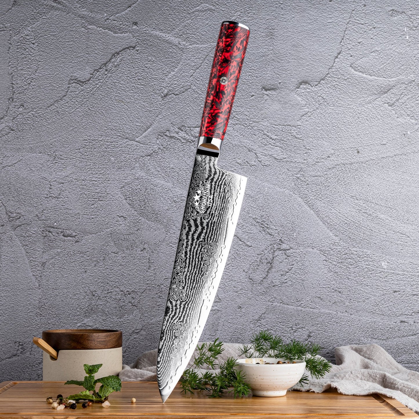 Obsidian Japanese Damascus Chef Knife with Carbon Fiber Handle