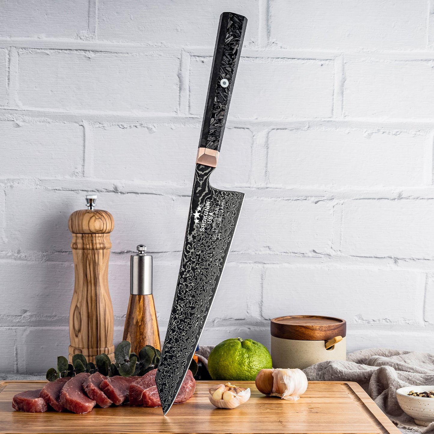 Cinder Japanese Damascus Chef Knife with Carbon Fiber Handle