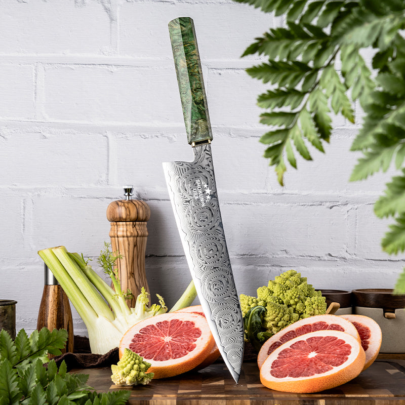 Deuce Custom Japanese Chef Knife with Exotic Maple Burl Wood Handle