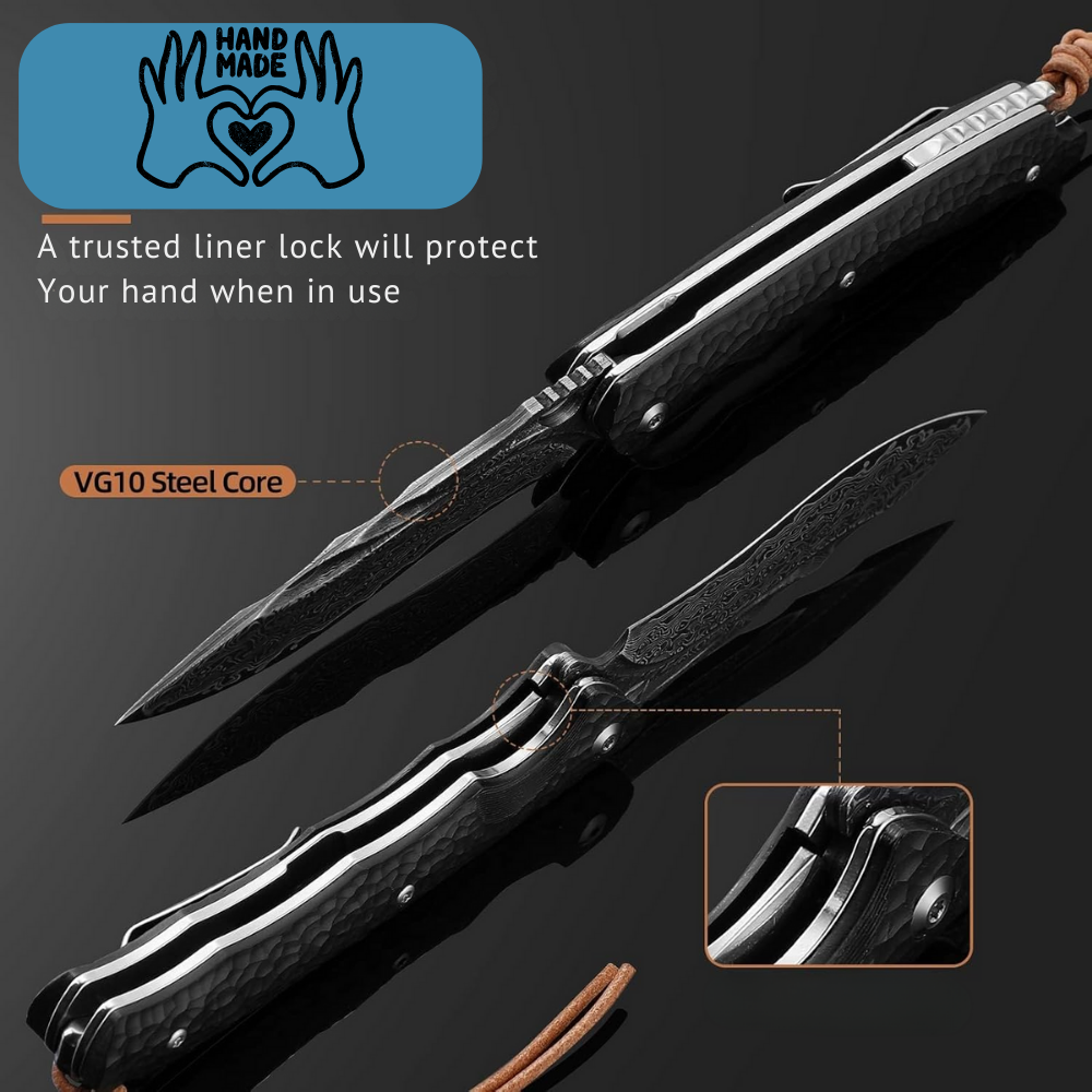 Panther Handmade Stainless Damascus Pocket Knife with Clip and Exotic Ebony Wood Handle