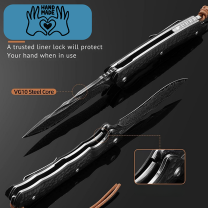 Panther Handmade Stainless Damascus Pocket Knife with Clip and Exotic Ebony Wood Handle