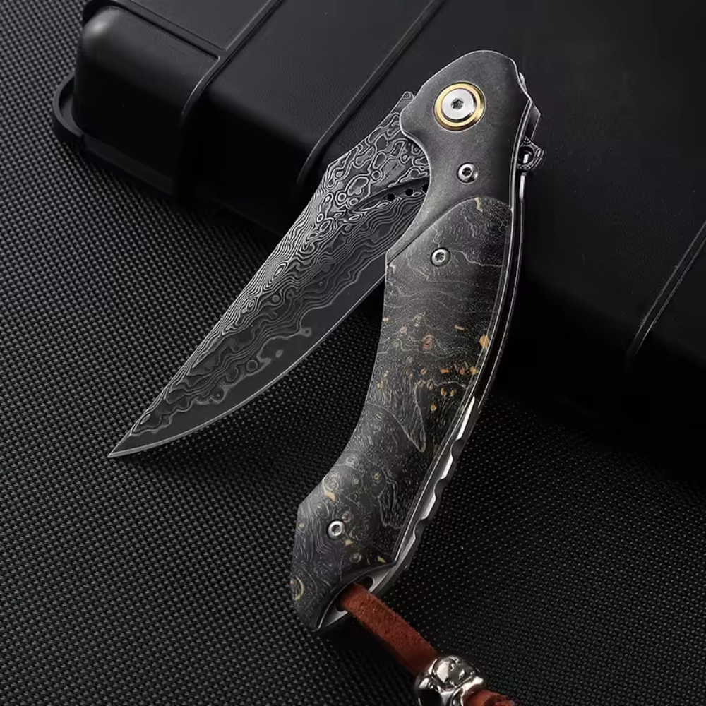 Venom Japanese Damascus Pocket Knife with Stained Maple Burl Wood Handle