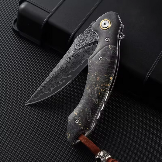 Venom Japanese Damascus Pocket Knife with Stained Maple Burl Wood Handle