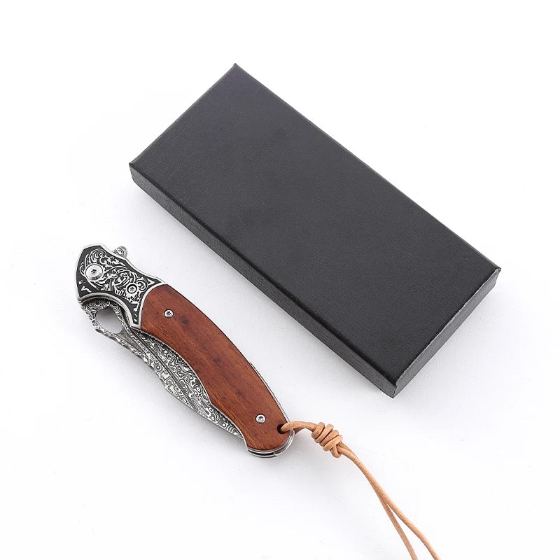 Meteor Engraved Damascus Steel Pocket Knife with Exotic Red Sandal Wood Handle