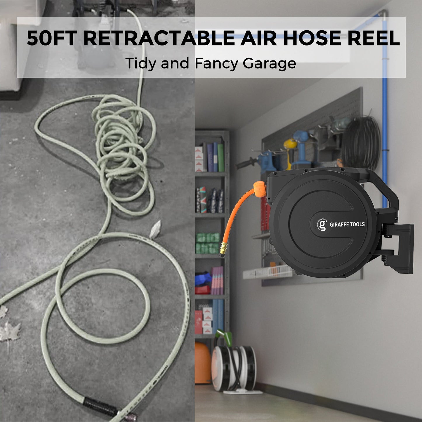 Giraffe Tools Retractable Air Hose Reel-PP Housing-3/8in-50ft