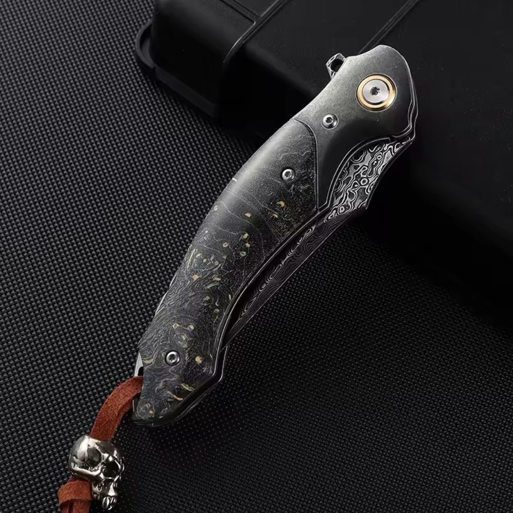 Venom Japanese Damascus Pocket Knife with Stained Maple Burl Wood Handle