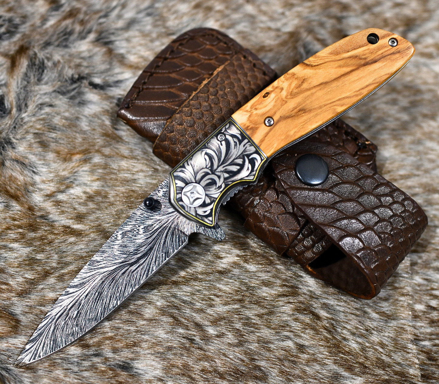 Vertex Damascus Pattern Pocket Knife with Exotic Olive Wood Handle
