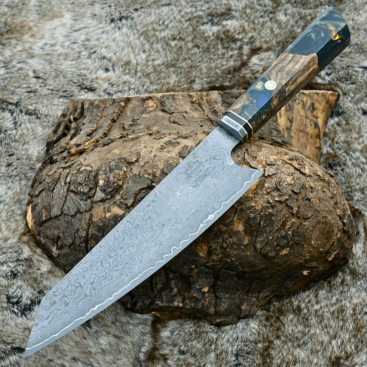 Aurora Japanese Chef Knife with Exotic Olive Burl & Emerald Green Pearl Resin Handle