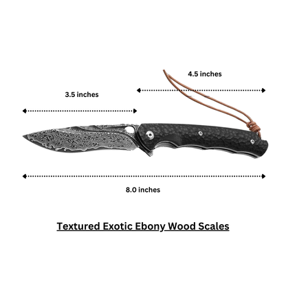 Panther Handmade Stainless Damascus Pocket Knife with Clip and Exotic Ebony Wood Handle