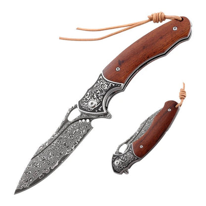 Meteor Engraved Damascus Steel Pocket Knife with Exotic Red Sandal Wood Handle