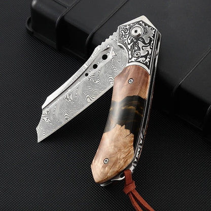 Volver Damascus Pocket Knife with Exotic Olive Burl Wood & Resin Handle
