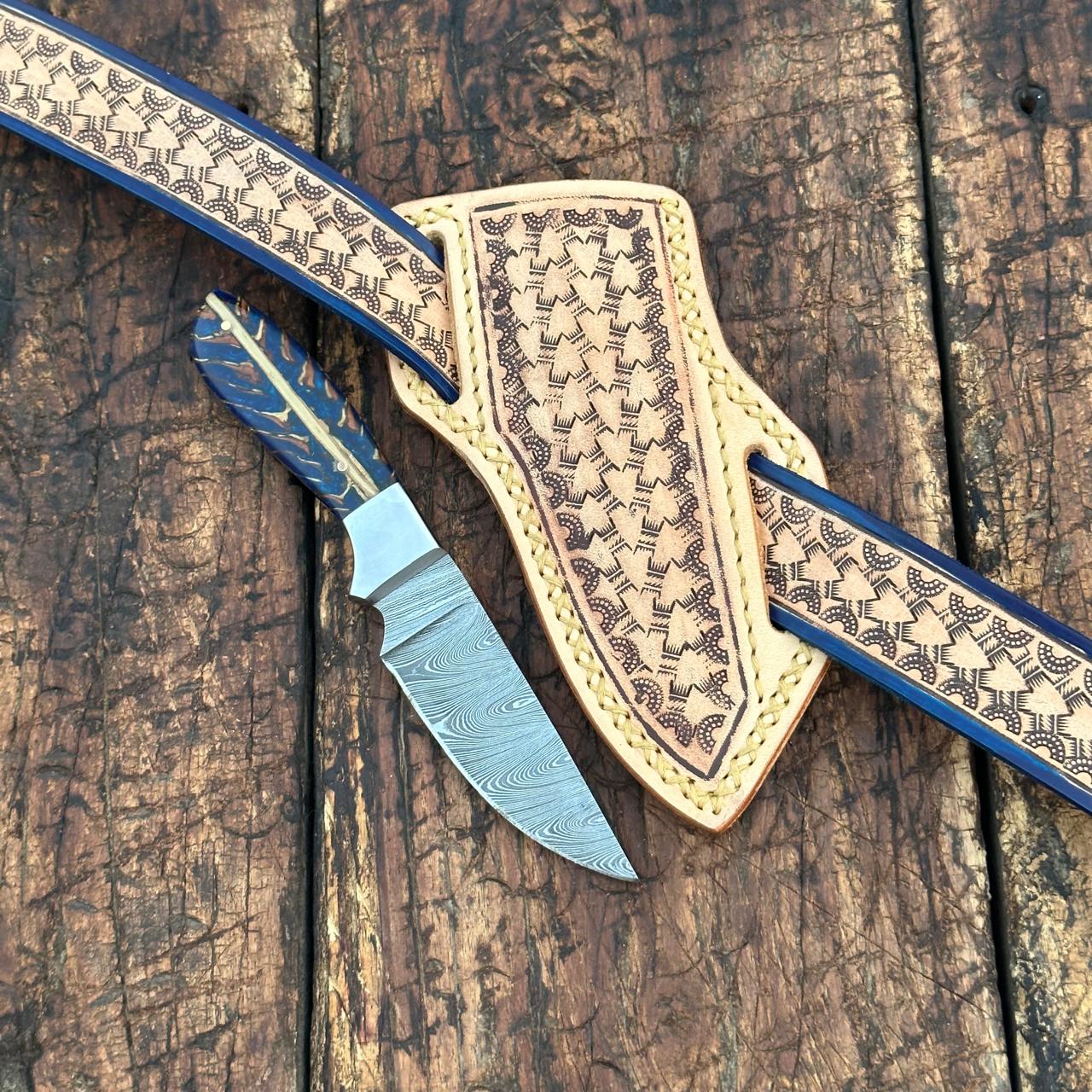 Rio Grande Damascus Skinner Knife with Handtooled Sheath & Belt