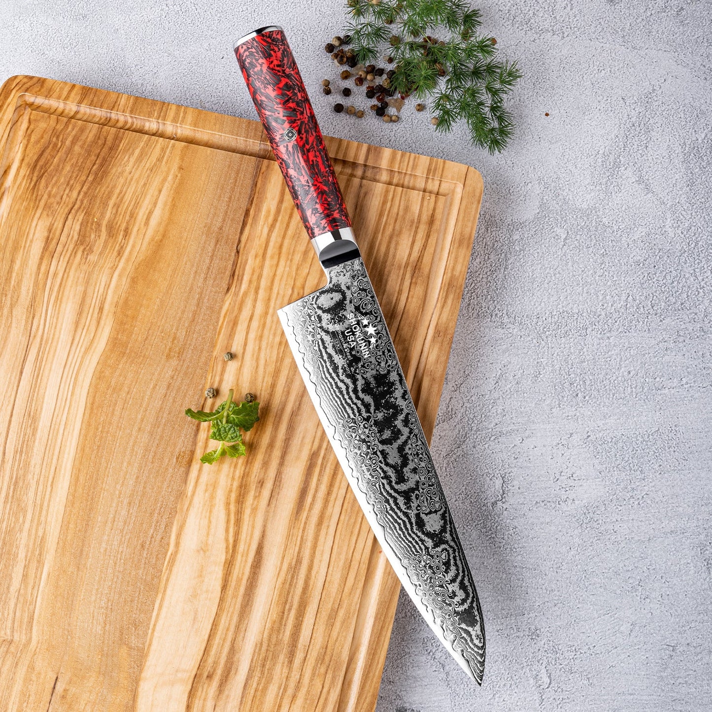 Obsidian Japanese Damascus Chef Knife with Carbon Fiber Handle