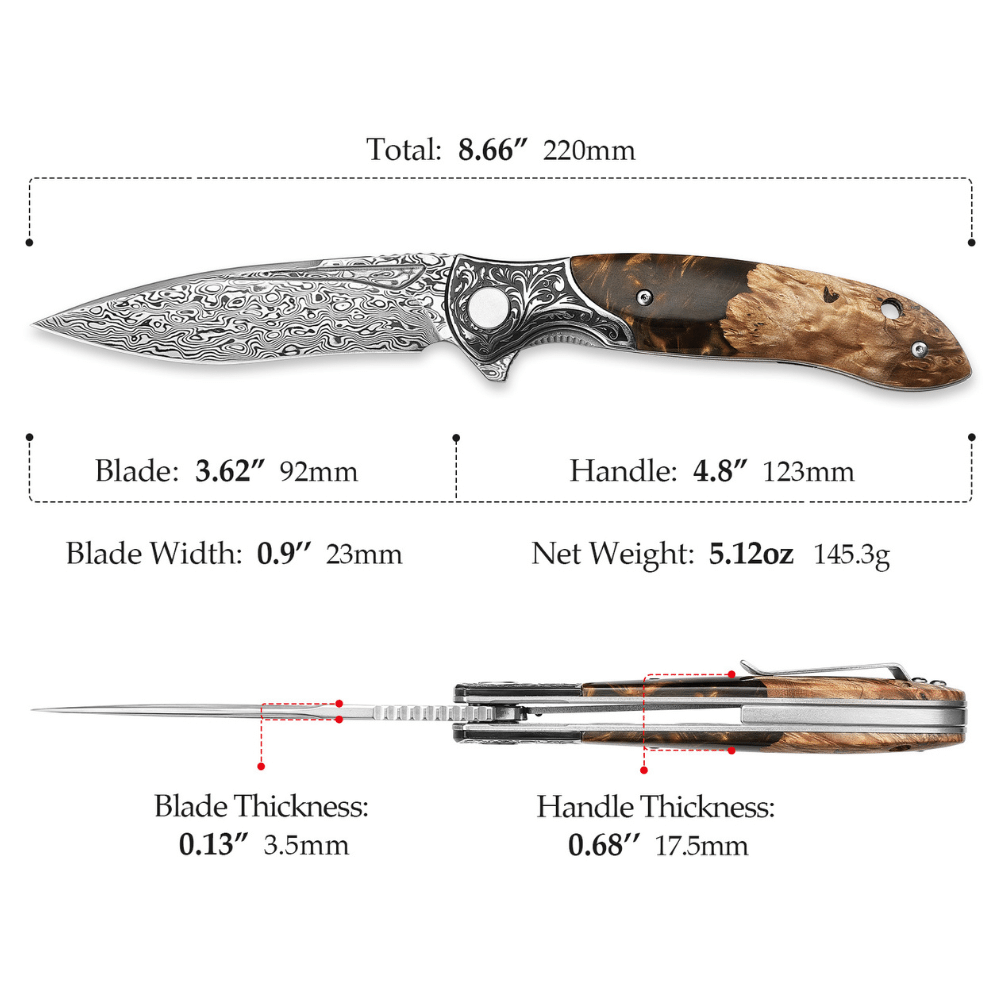 Demeter VG10 Damascus Pocket Knife with Exotic Olive Burl & Resin Handle