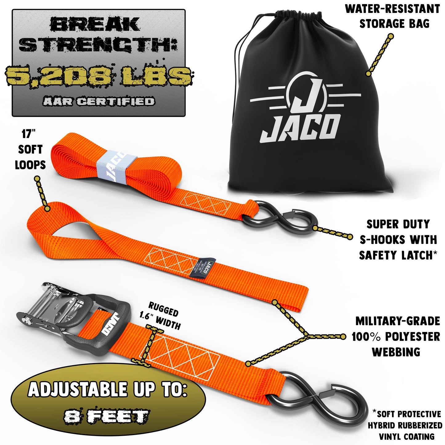 Heavy Duty Ratchet Tie Down Straps with Soft Loops (1.6" x 8 ft) | AAR Certified Break Strength (5,208 lbs)