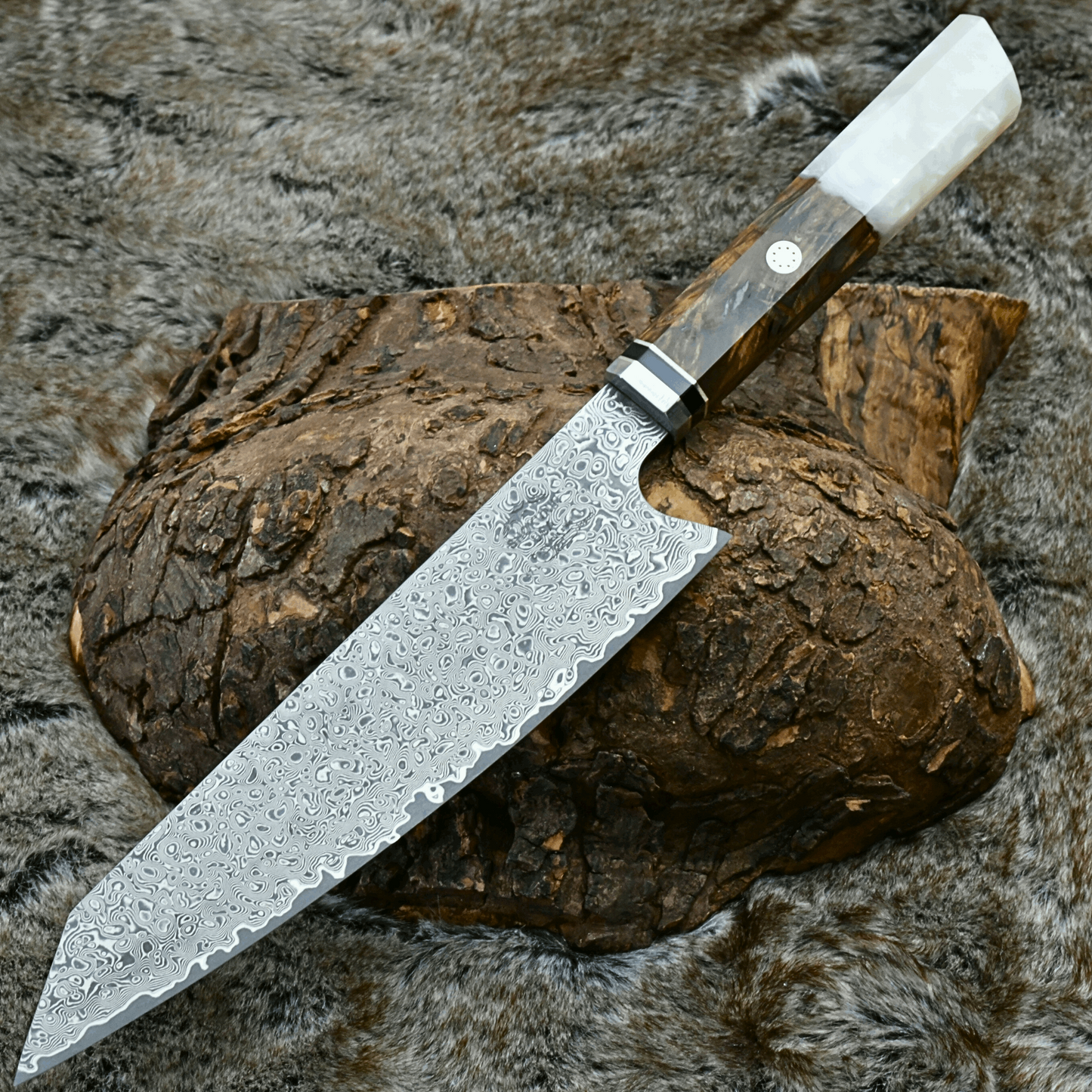 Aurora Japanese Chef Knife with Exotic Olive Burl Wood & Mother of Pearl Handle