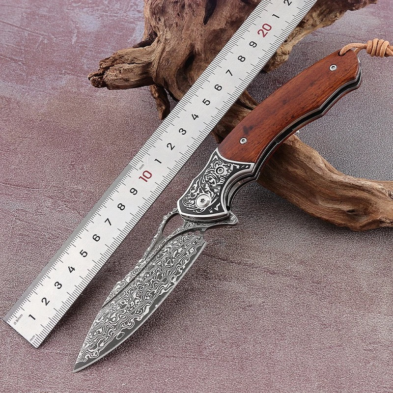 Meteor Engraved Damascus Steel Pocket Knife with Exotic Red Sandal Wood Handle
