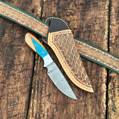 Canyon Damascus Skinner Knife with Hand tooled Sheath & Belt