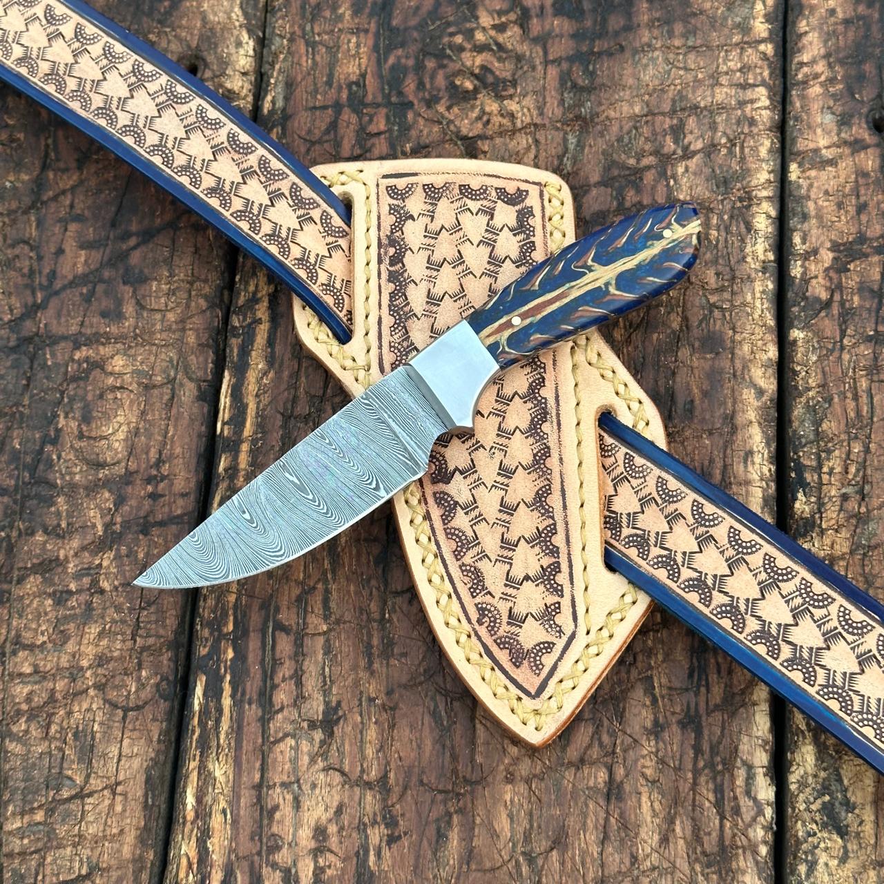 Rio Grande Damascus Skinner Knife with Handtooled Sheath & Belt