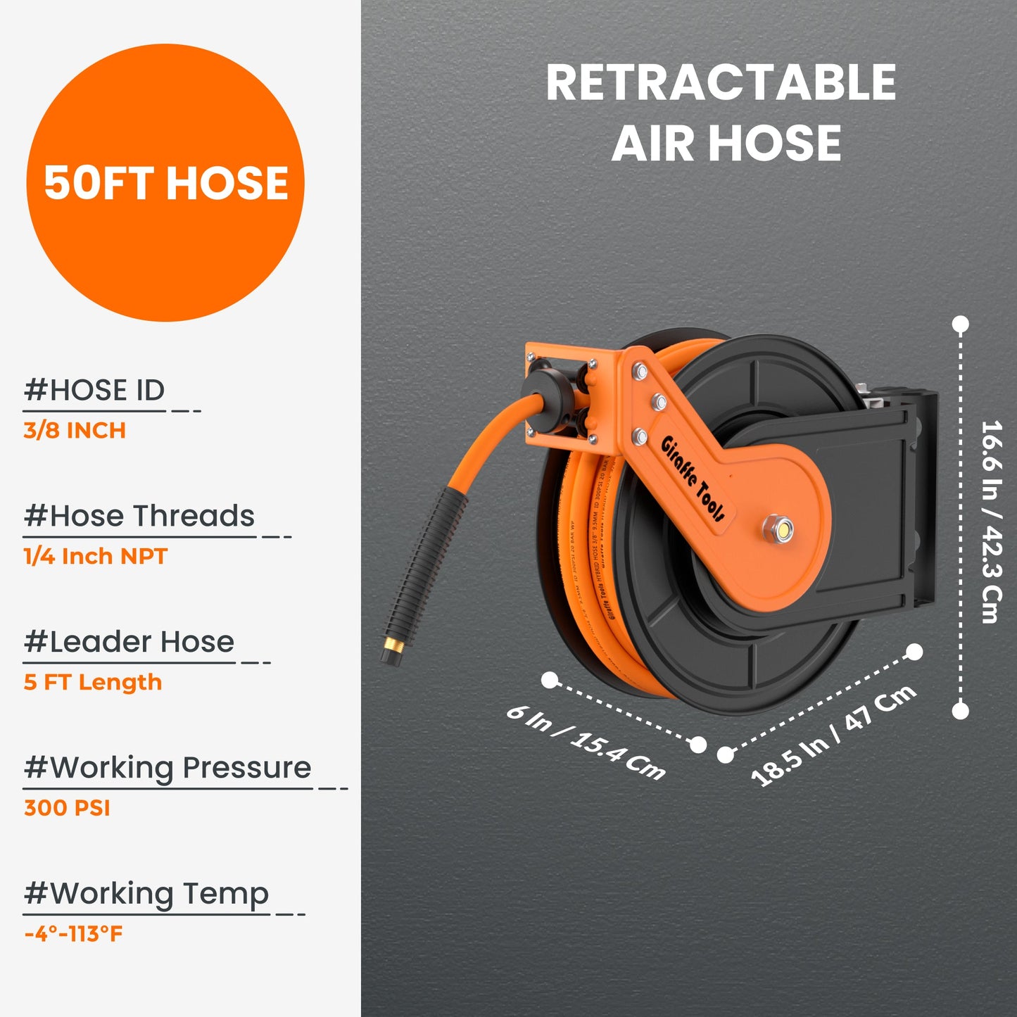 Giraffe Tools Retractable Air Hose Reel Plus-50ft-3/8in