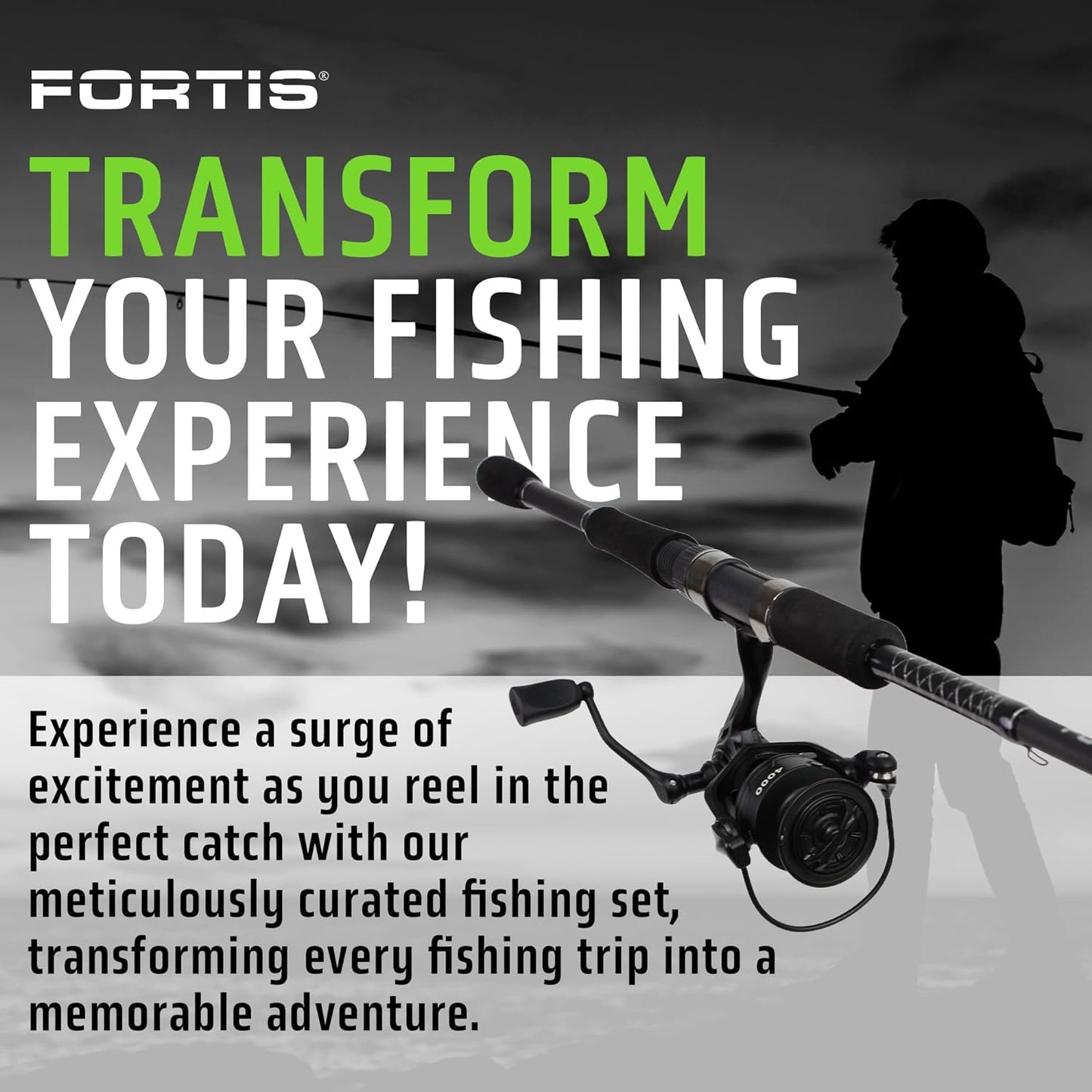 6'6" Medium Heavy Action Spinning Rod and Reel Package, 1 Piece Fiberglass/Graphite Spinning Rod  |4000 Spinning Reel | FORTIS