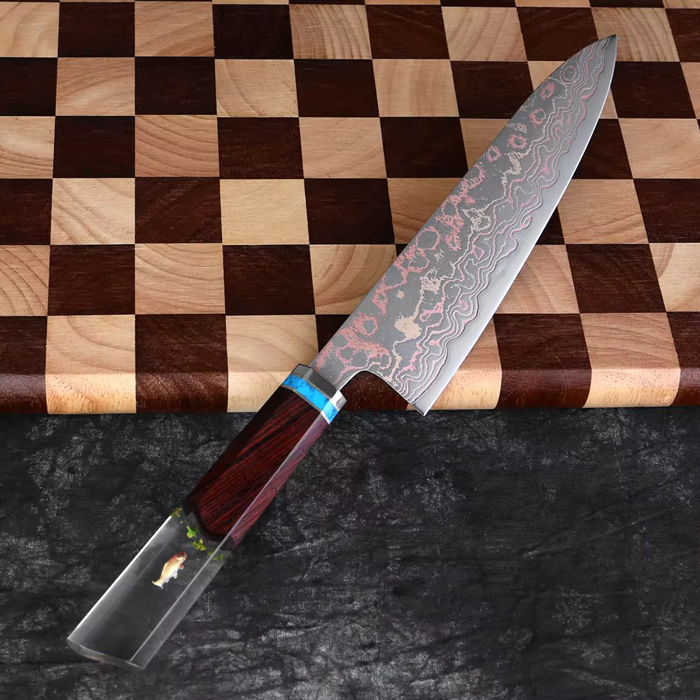Noble Copper & Cobalt Alloy Damascus Chef Knife with Exotic Bloodwood & Resin Handle