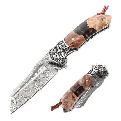 Volver Damascus Pocket Knife with Exotic Olive Burl Wood & Resin Handle