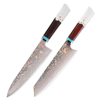 Noble Copper & Cobalt Alloy Damascus Chef Knife with Exotic Bloodwood & Resin Handle