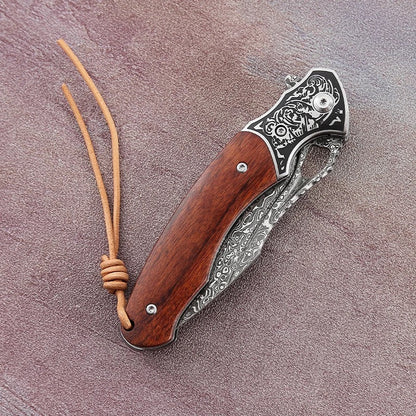 Meteor Engraved Damascus Steel Pocket Knife with Exotic Red Sandal Wood Handle
