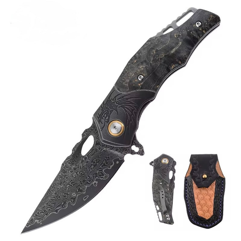 Galaxy Japanese Damascus Folding Pocket Knife with Maple Burl Wood Handle