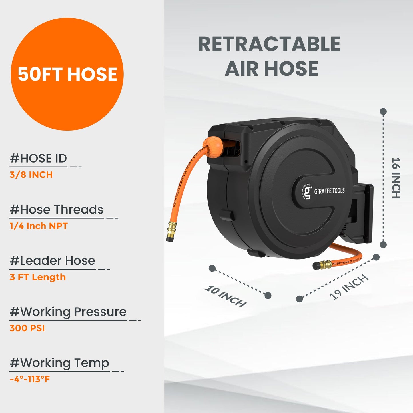 Giraffe Tools Retractable Air Hose Reel-PP Housing-3/8in-50ft