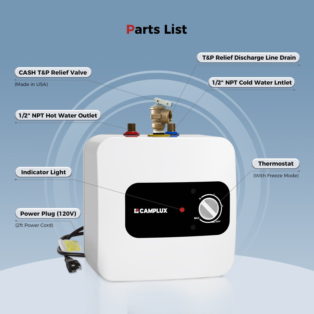 Camplux Electric Mini Tank Water Heater 120V - 1.3 Gallon