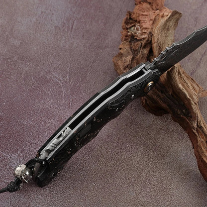 Black gold EDC Gentlemen's Pocket Knife with 14K Gold Foil Carbon Fiber Handle & Sheath Personalized