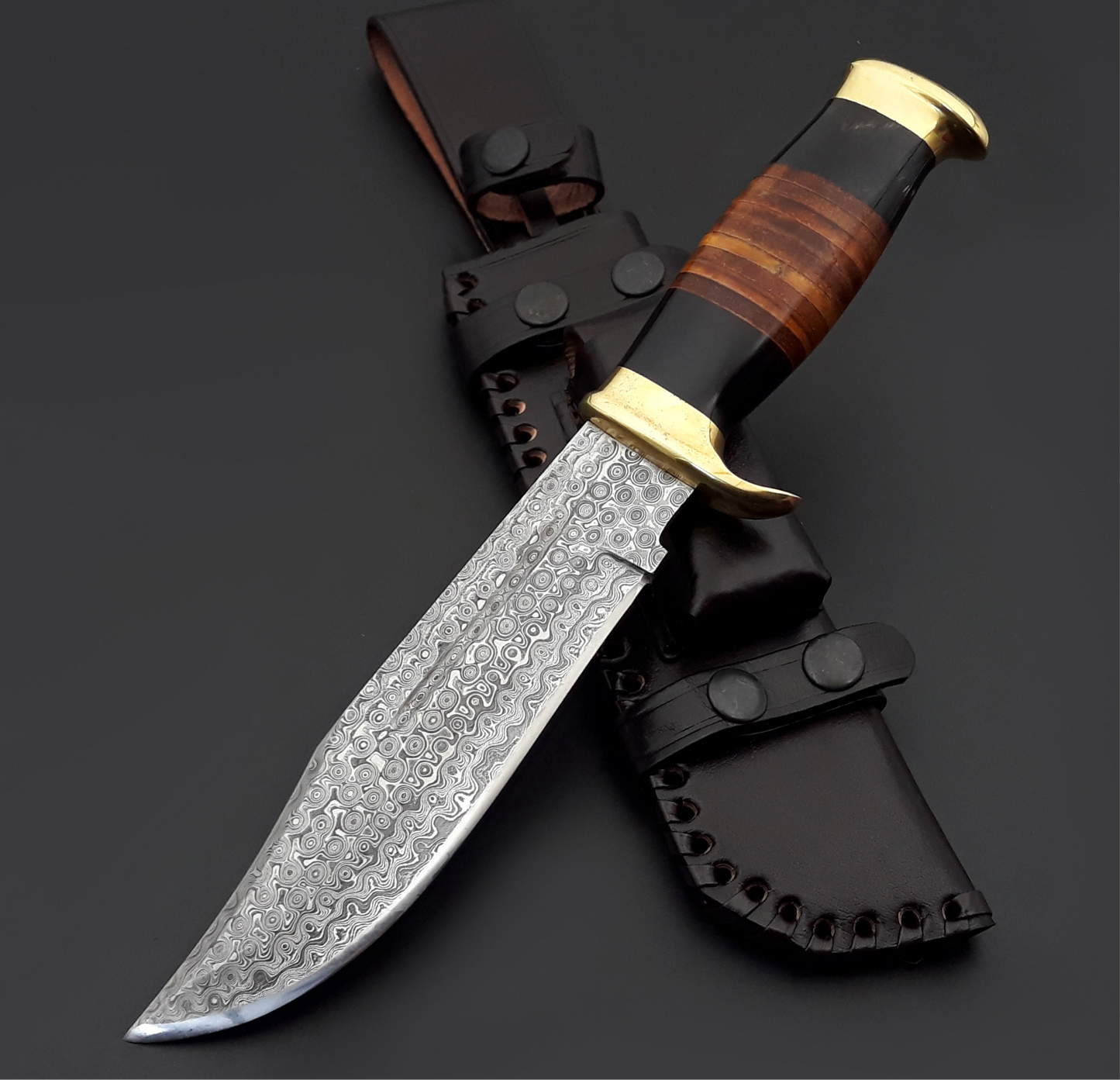 Darkstar Custom Bowie Knife with Bull Horn & Stacked Leather Composite Handle