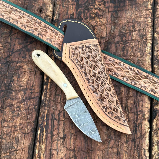 Dakota Damascus Skinner Knife with Hand tooled Sheath & Belt