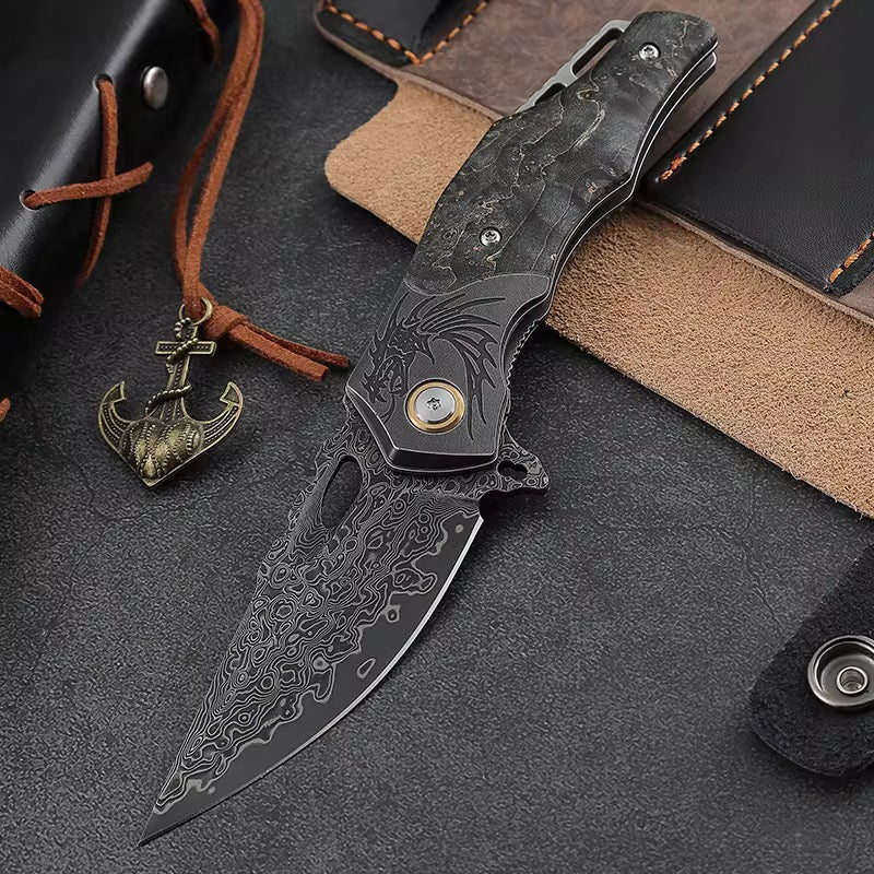 Galaxy Japanese Damascus Folding Pocket Knife with Maple Burl Wood Handle
