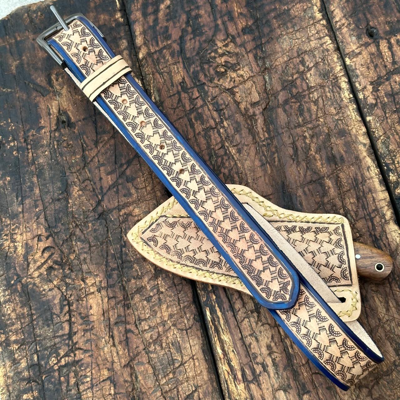 Desert Moon Handmade Damascus Skinner Knife with Handtooled Sheath & Belt