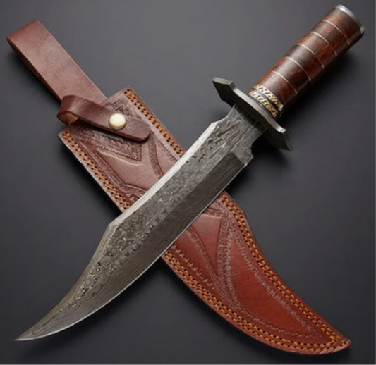 Blackiron Damascus Steel Bowie Knife with Rose Wood Handle & Sheath