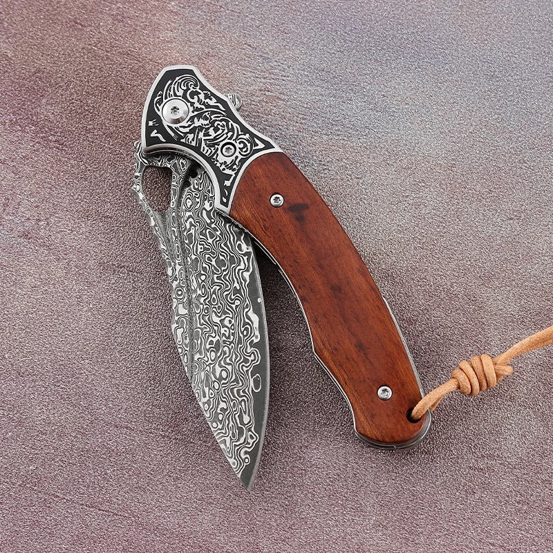 Meteor Engraved Damascus Steel Pocket Knife with Exotic Red Sandal Wood Handle