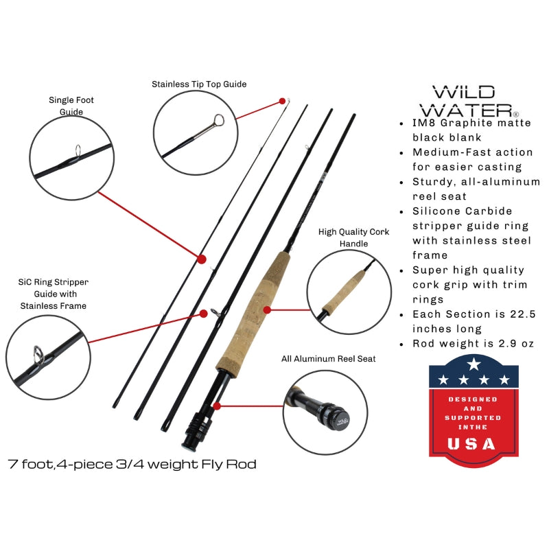 CNC Fly Reel Fly Fishing Kit, 3/4wt Rod | 7ft | 4-piece | Wild Water Fly Fishing