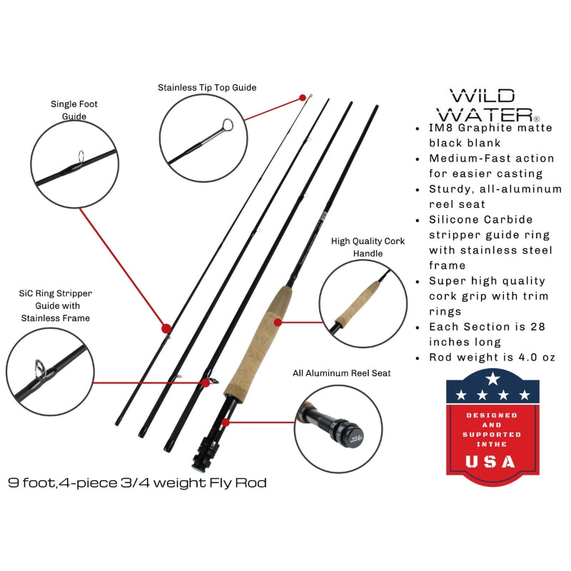 CNC Fly Reel Fly Fishing Kit, 3/4wt Rod | 9ft | 4-piece | Wild Water Fly Fishing