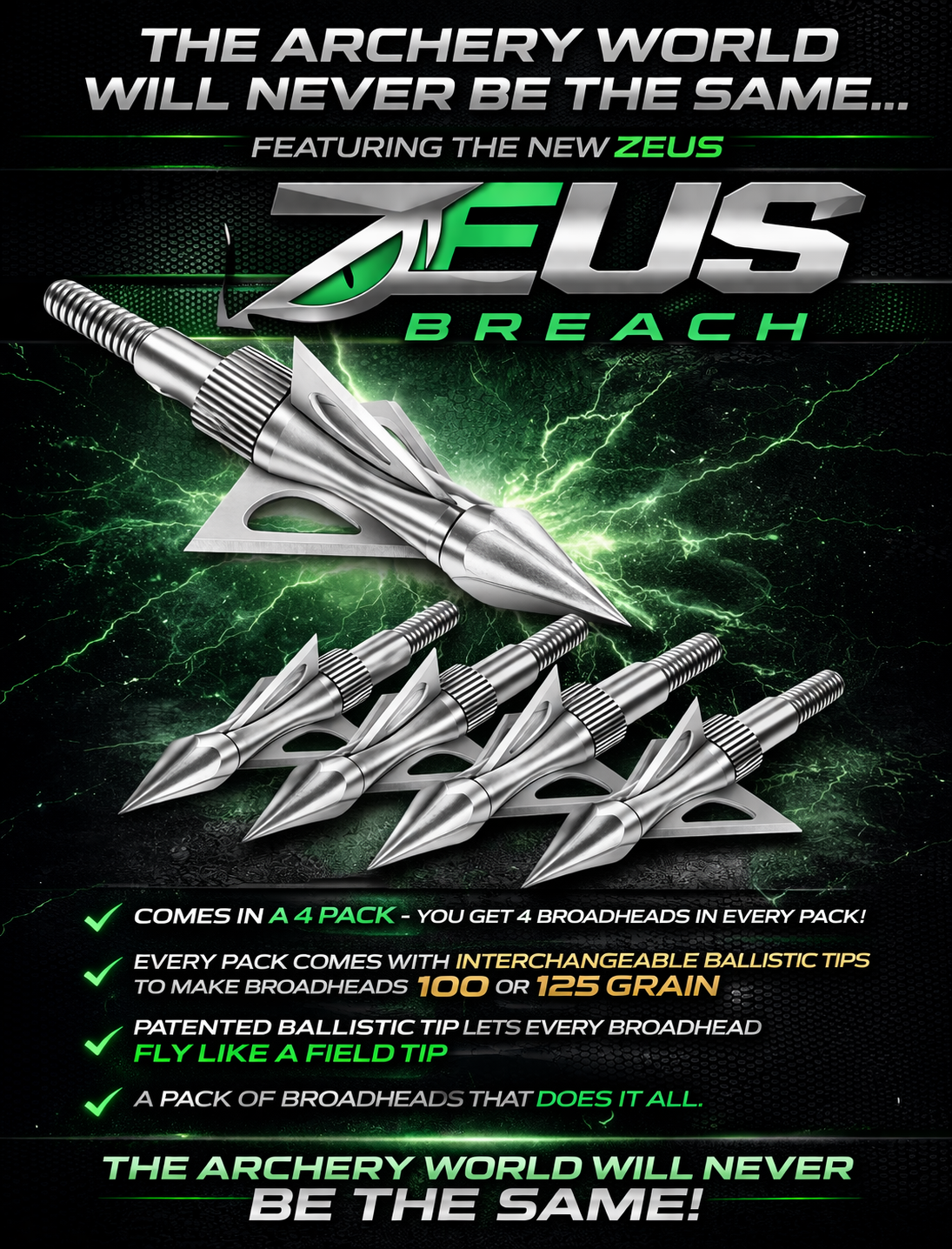 ZEUS BREACH BROADHEADS (4 PACK)-COMES WITH BOTH 100/125 GR TIPS