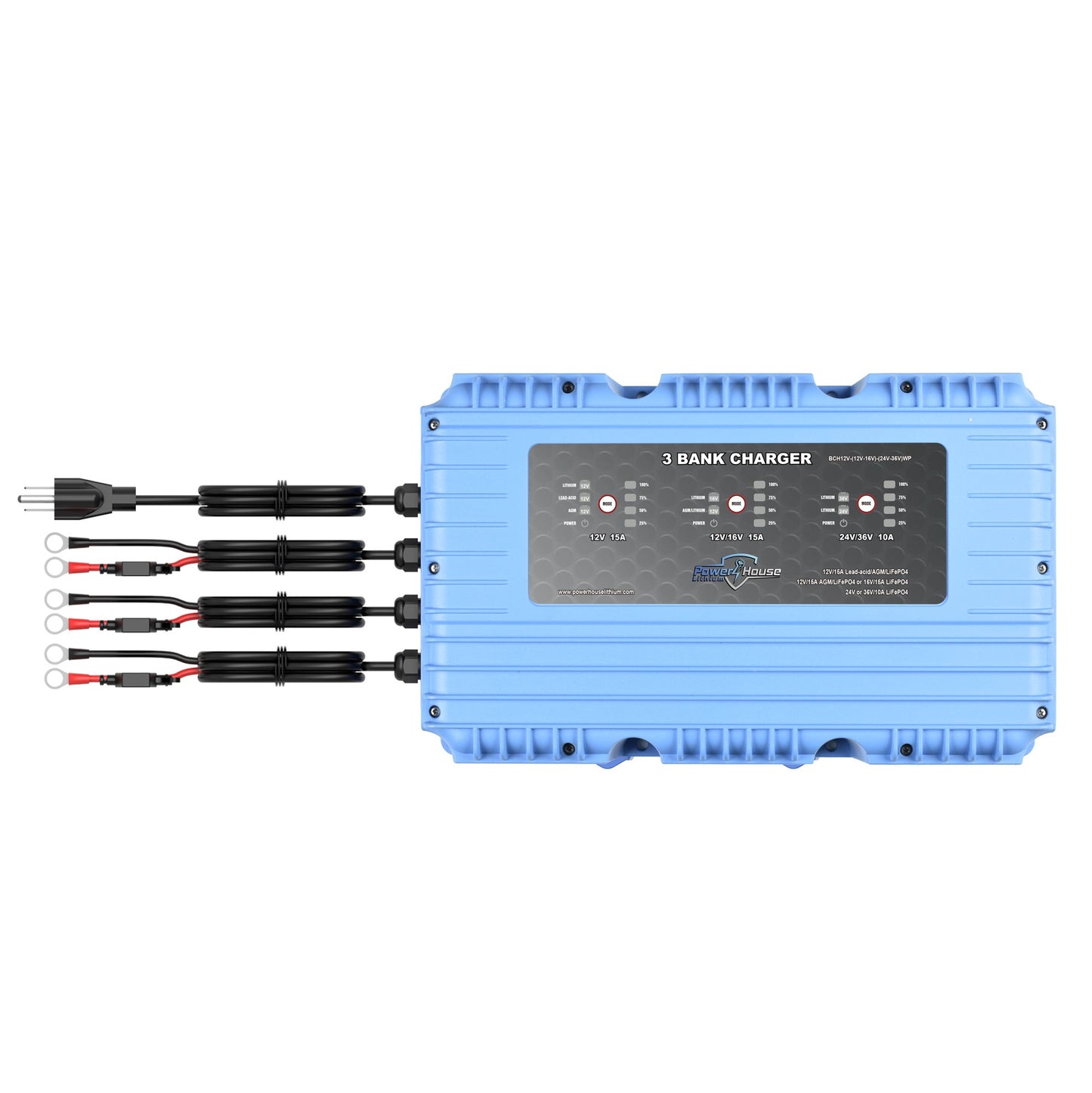PowerHouse Lithium 12V-(12V-16V)-(24V-36V)WP 3-Bank Waterproof Battery Charger