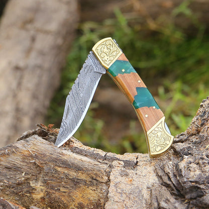 Flashblade Handmade Damascus Best EDC Pocket Knife with Leather Sheath & Olive Wood Handle