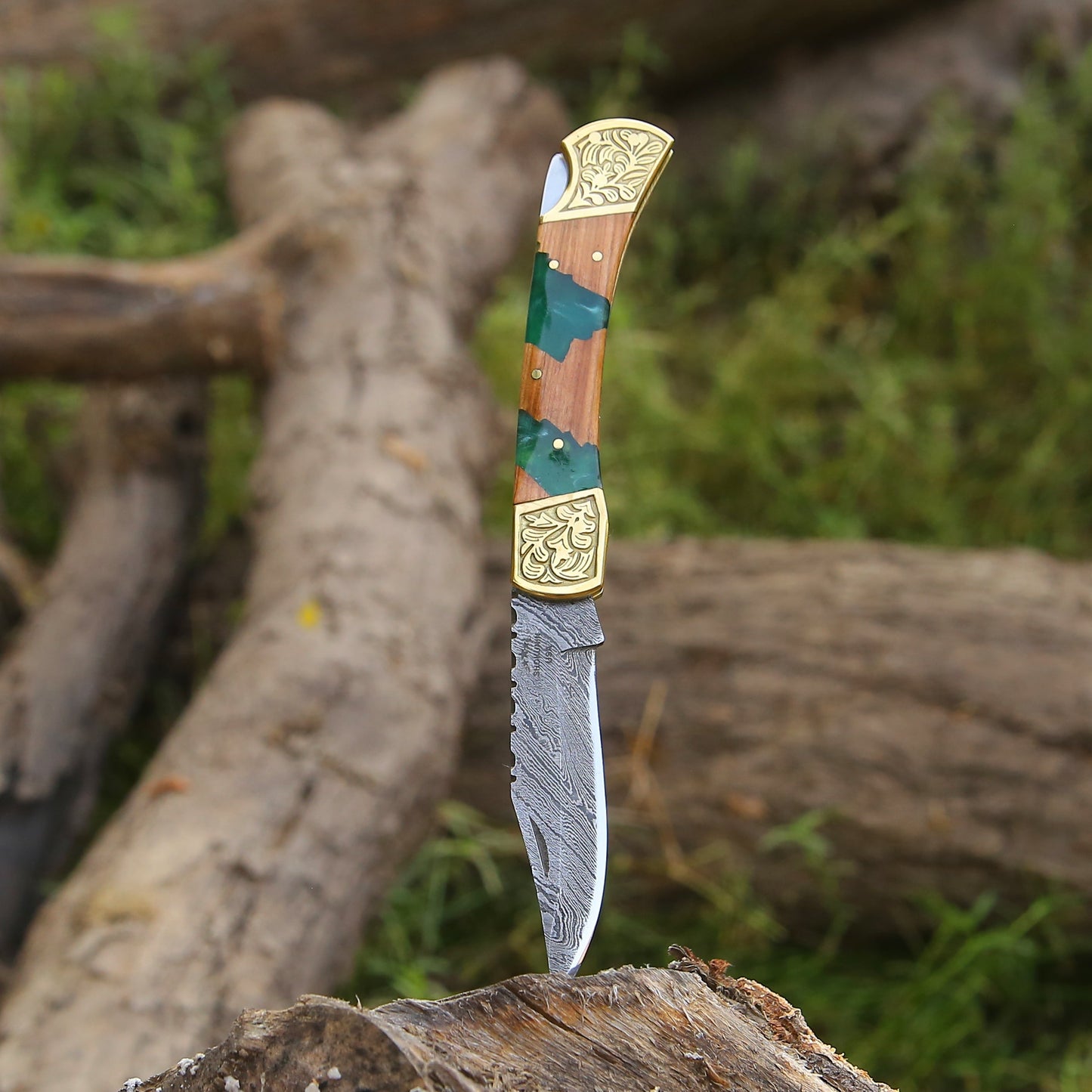 Flashblade Handmade Damascus Best EDC Pocket Knife with Leather Sheath & Olive Wood Handle